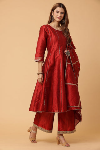 Maroon Silk Kurta Set With Gota Work
