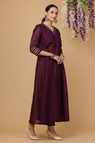 Purple Silk Kurta Set With Gota Work