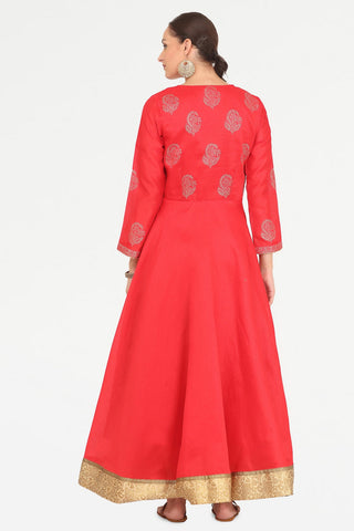 Red Silk Anarkali With Block Print