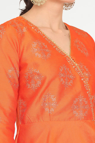 Orange Silk Anarkali With Block Print