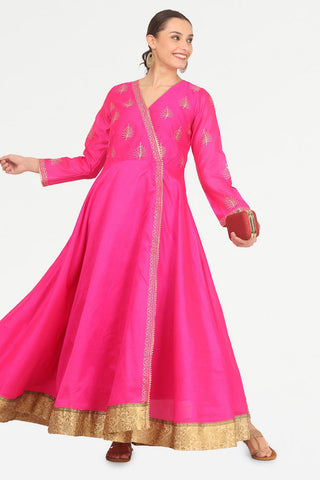 Pink Silk Anarkali With Block Print