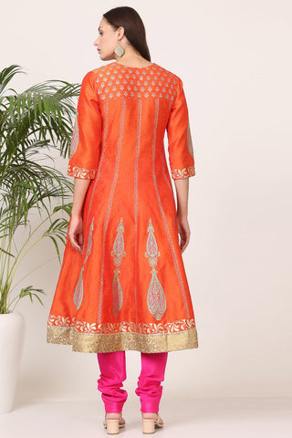 Orange Silk Kurta Set With Block Print