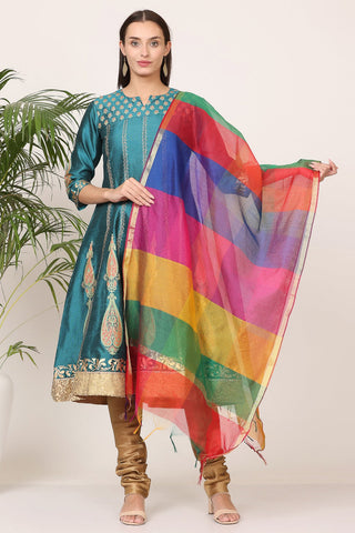 Teal Green Silk Kurta Set With Block Print