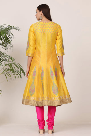 Yellow Silk Kurta Set With Block Print