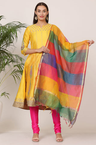 Yellow Silk Kurta Set With Block Print