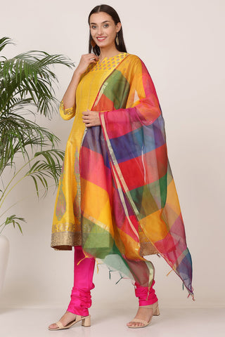 Yellow Silk Kurta Set With Block Print
