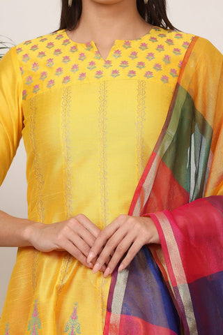 Yellow Silk Kurta Set With Block Print