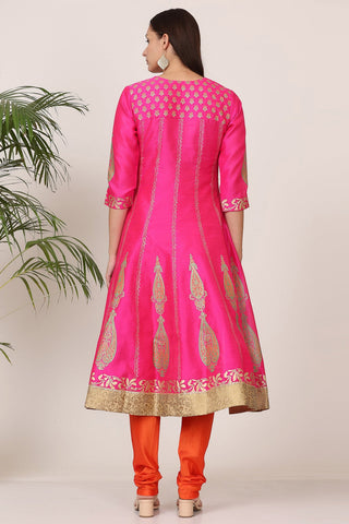Pink Silk Kurta Set With Block Print