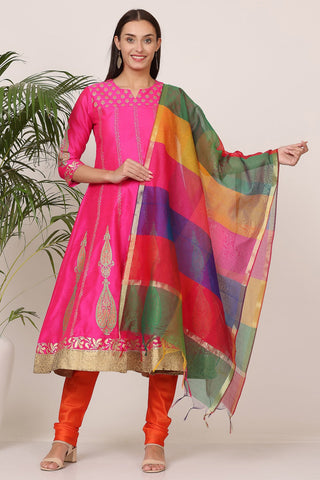 Pink Silk Kurta Set With Block Print