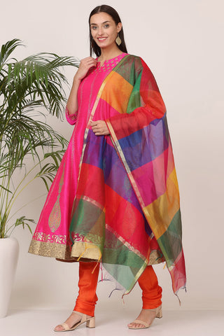 Pink Silk Kurta Set With Block Print