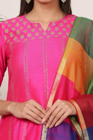Pink Silk Kurta Set With Block Print