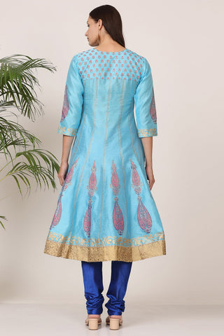 Turquoise Silk Kurta Set With Block Print