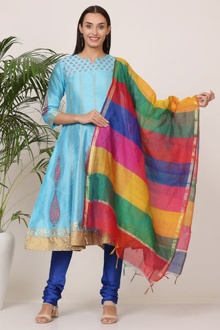 Turquoise Silk Kurta Set With Block Print