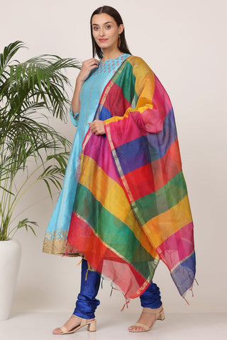 Turquoise Silk Kurta Set With Block Print