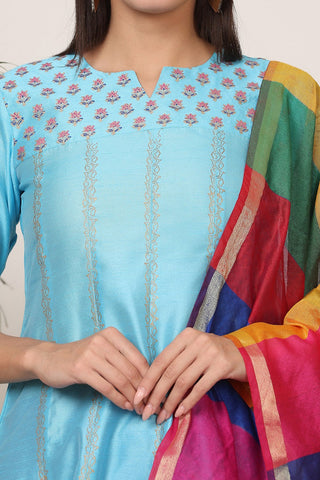 Turquoise Silk Kurta Set With Block Print