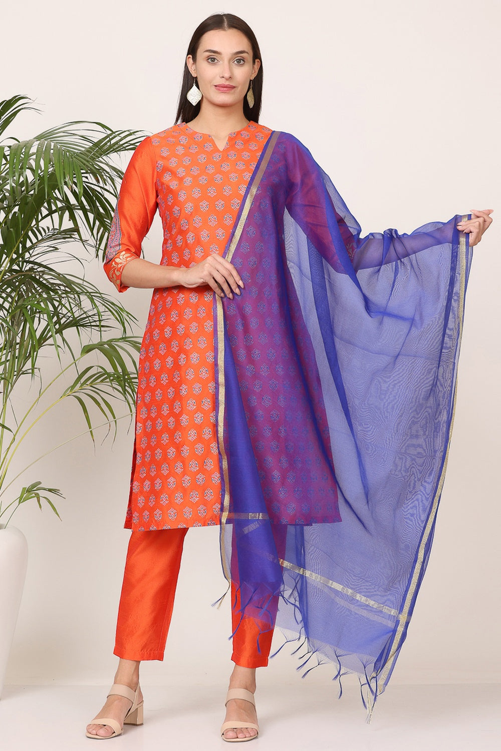 Orange Silk Kurta Set With Block Print