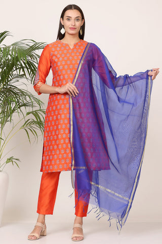 Orange Silk Kurta Set With Block Print