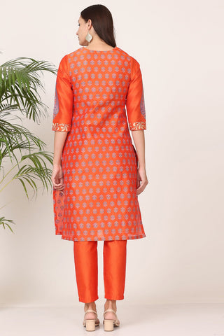 Orange Silk Kurta Set With Block Print