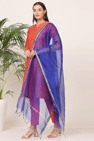 Orange Silk Kurta Set With Block Print