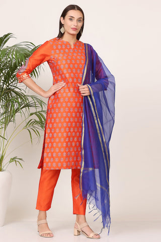 Orange Silk Kurta Set With Block Print