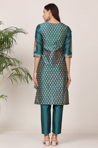 Teal Green Silk Kurta Set With Block Print