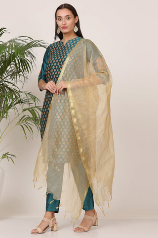 Teal Green Silk Kurta Set With Block Print