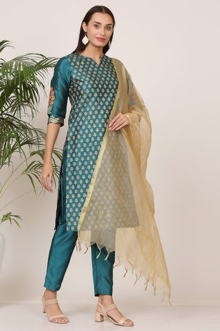Teal Green Silk Kurta Set With Block Print