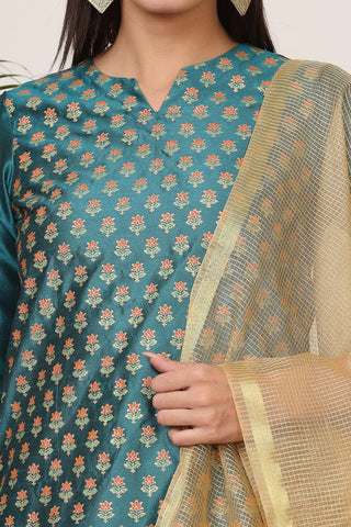 Teal Green Silk Kurta Set With Block Print