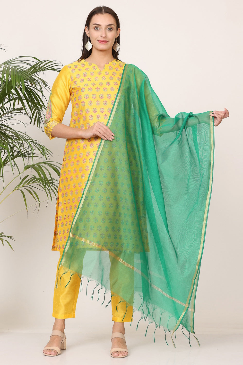 Yellow Silk Kurta Set With Block Print