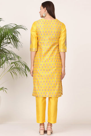 Yellow Silk Kurta Set With Block Print