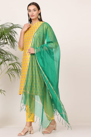 Yellow Silk Kurta Set With Block Print