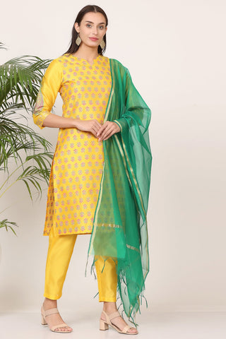 Yellow Silk Kurta Set With Block Print