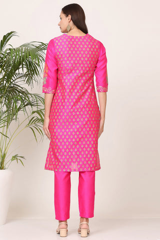 Pink Silk Kurta Set With Block Print