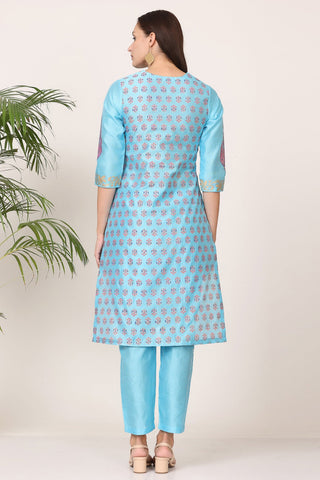 Turquoise Silk Kurta Set With Block Print