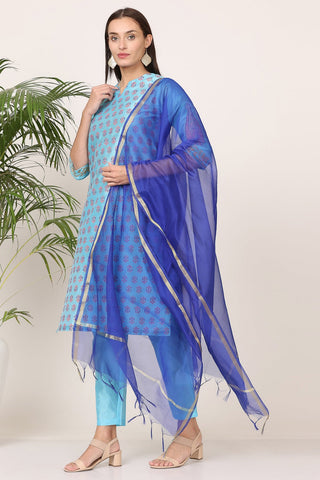 Turquoise Silk Kurta Set With Block Print