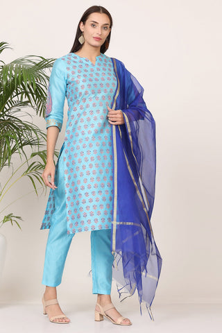 Turquoise Silk Kurta Set With Block Print