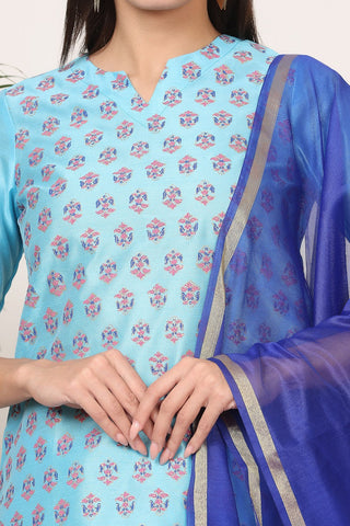Turquoise Silk Kurta Set With Block Print