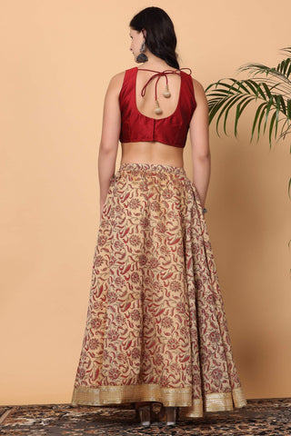 Maroon Silk Lehenga Set With Block Print