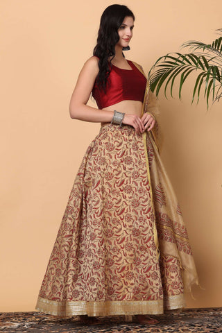 Maroon Silk Lehenga Set With Block Print