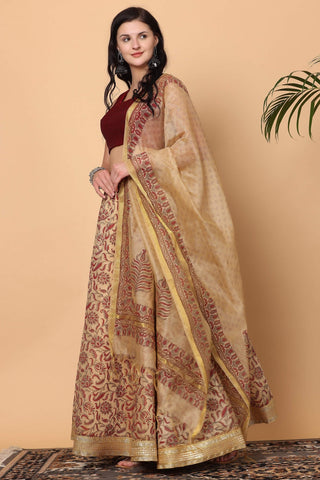 Maroon Silk Lehenga Set With Block Print