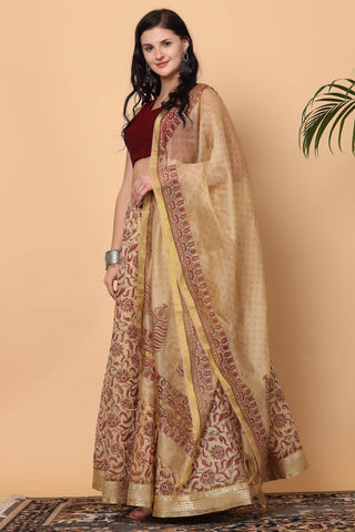 Maroon Silk Lehenga Set With Block Print