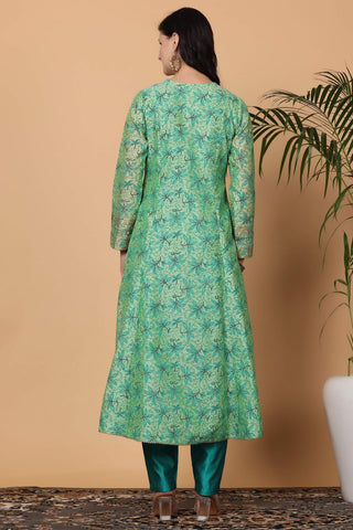 Green Chanderi Kurta Set With Block Print