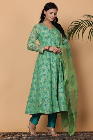 Green Chanderi Kurta Set With Block Print