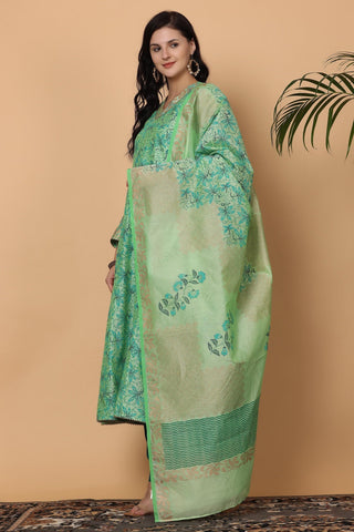 Green Chanderi Kurta Set With Block Print