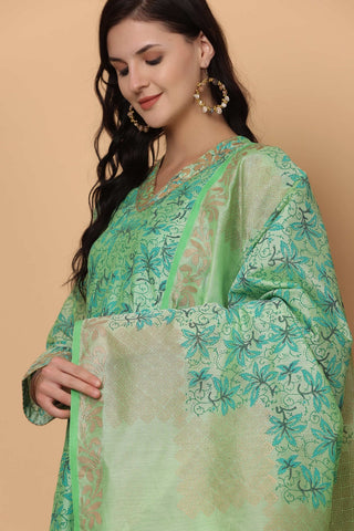 Green Chanderi Kurta Set With Block Print