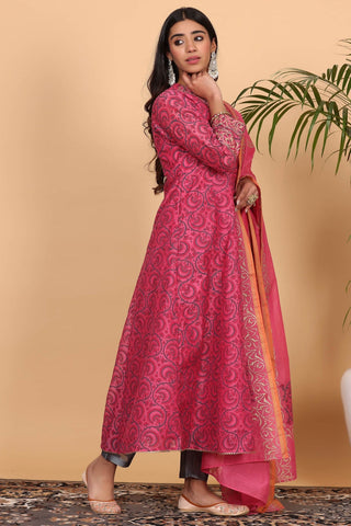Pink Chanderi Kurta Set With Block Print
