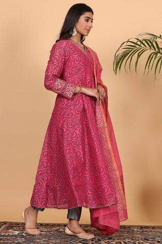 Pink Chanderi Kurta Set With Block Print