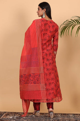 Red Chanderi Kurta Set With Block Print