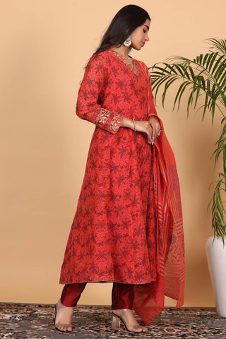 Red Chanderi Kurta Set With Block Print