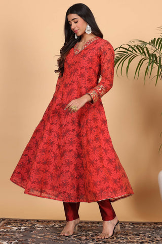 Red Chanderi Kurta Set With Block Print